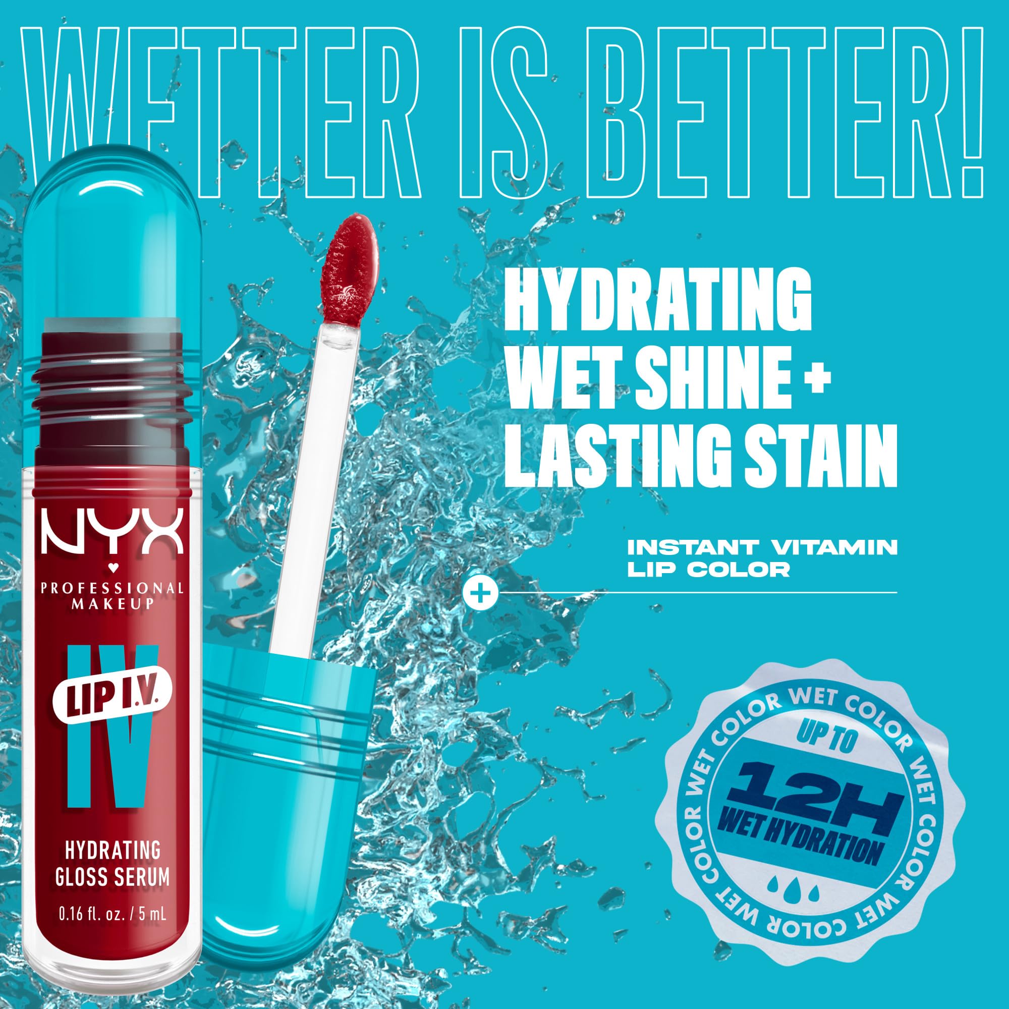 NYX Professional Makeup Lip IV Hydrating Gloss Stain, Lip Gloss, Infused with VITAMINS & COCONUT WATER, Up to 12HR Hydration, High Pigment, Wet Shine Finish, Shade: Hydra-Honey