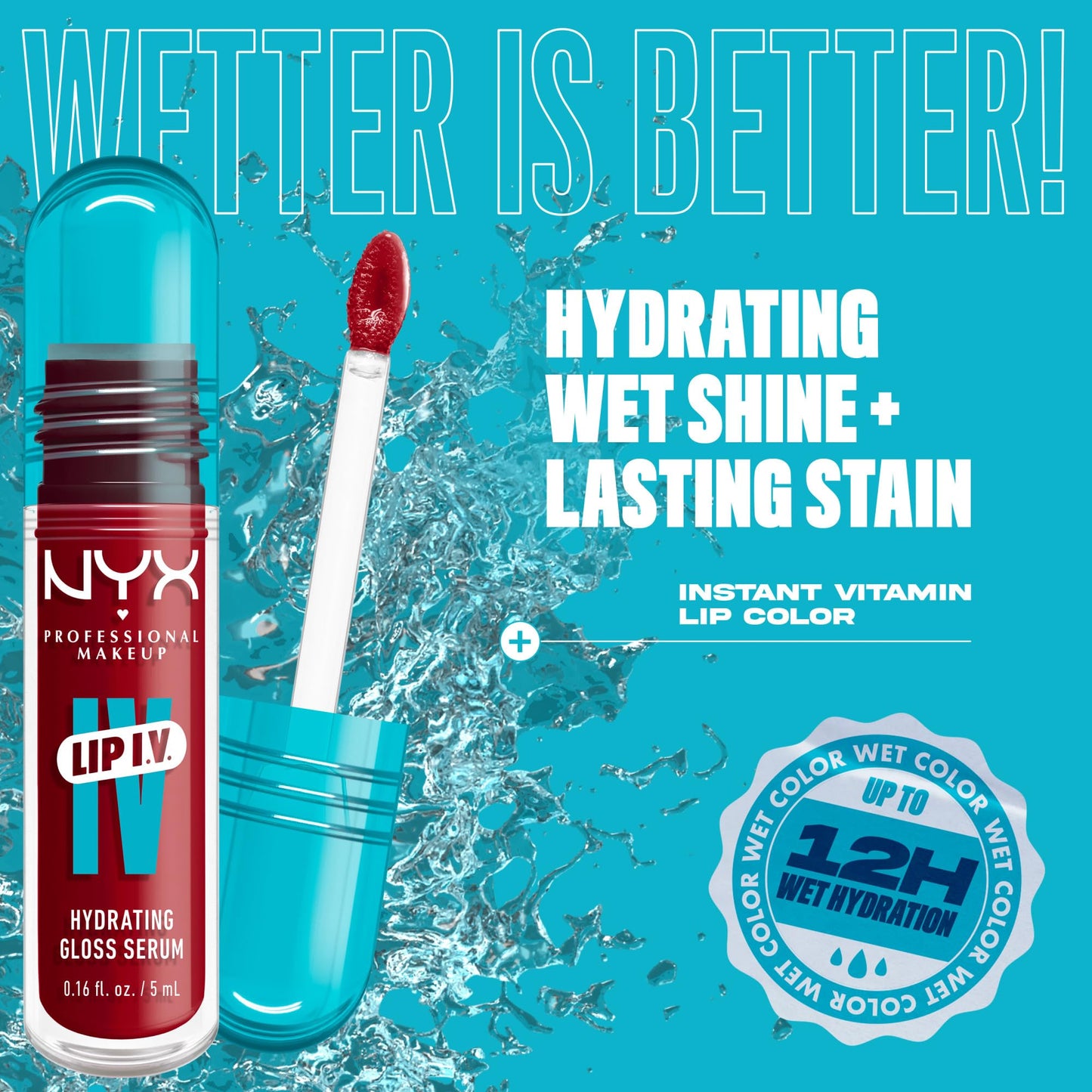 NYX Professional Makeup Lip IV Hydrating Gloss Stain, Lip Gloss, Infused with VITAMINS & COCONUT WATER, Up to 12HR Hydration, High Pigment, Wet Shine Finish, Shade: Hydra-Honey