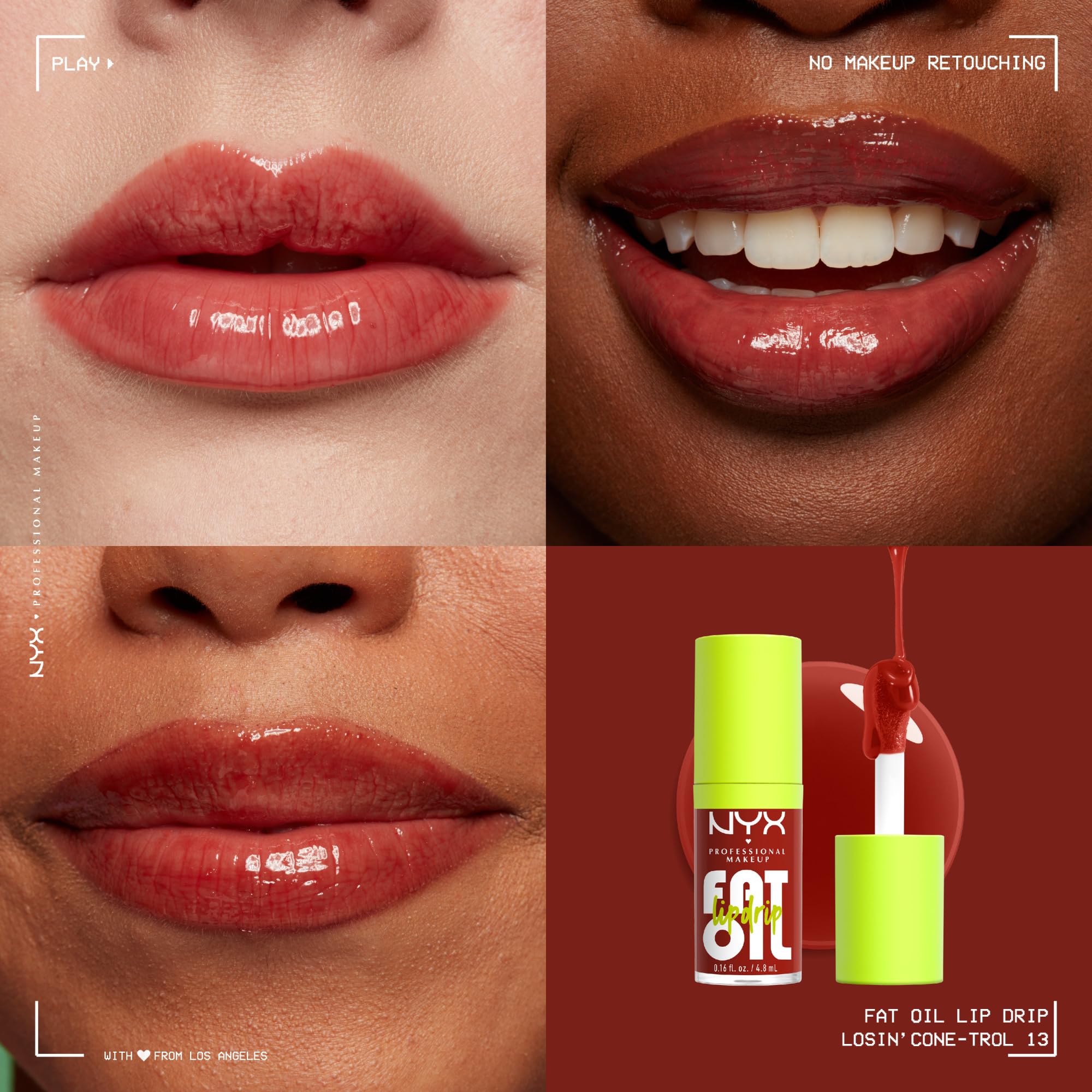 NYX Professional Makeup Lip Gloss, High Shine, Non-Sticky Finish, 12H Hydration, With Squalane, Rapsberry and Cloudberry Oils, Fat Oil Lip Drip, Shade: Losin' Cone-Trol (Creamy Neutral Nude)