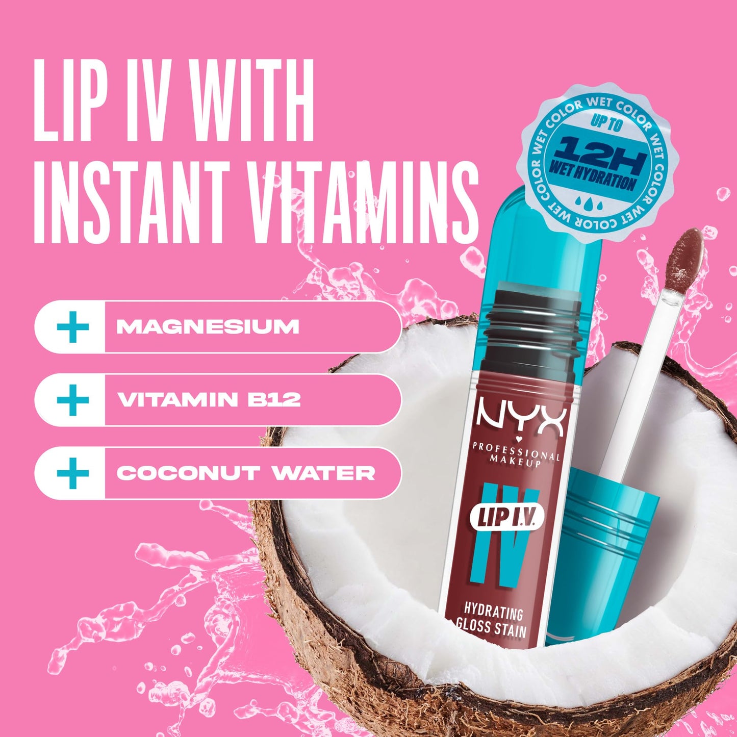 NYX Professional Makeup Lip IV Hydrating Gloss Stain, Lip Gloss, Infused with VITAMINS & COCONUT WATER, Up to 12HR Hydration, High Pigment, Wet Shine Finish, Shade: Hydra-Honey