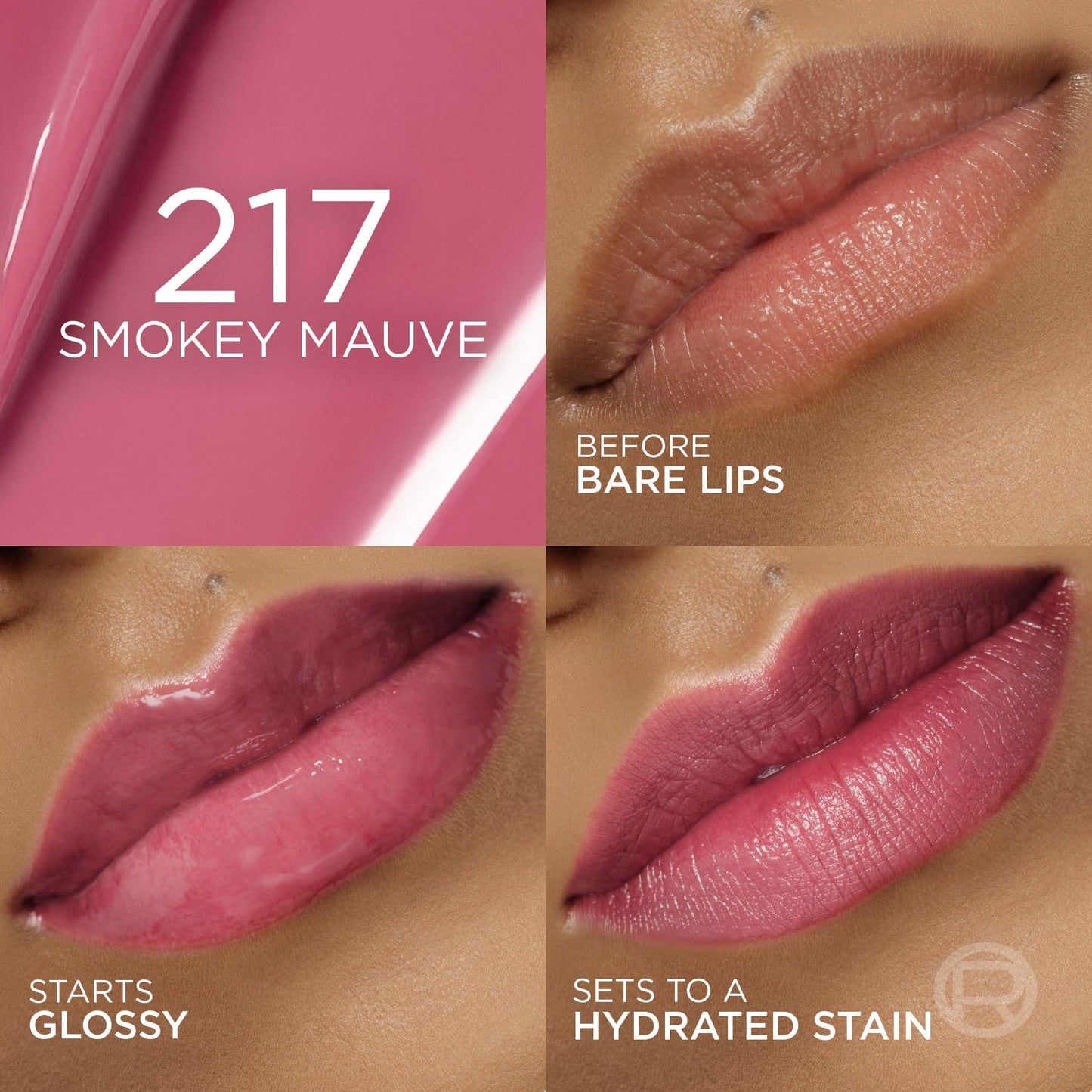 L'Oréal Paris Hyaluron Tint Lip Stain Serum, Hydrating Liptstick, Glossy Finish to Blurred Lip Tint, Multi-Use Lip & Cheek, Up to 12H weightless color, SHADE: 217 SMOKEY MAUVE