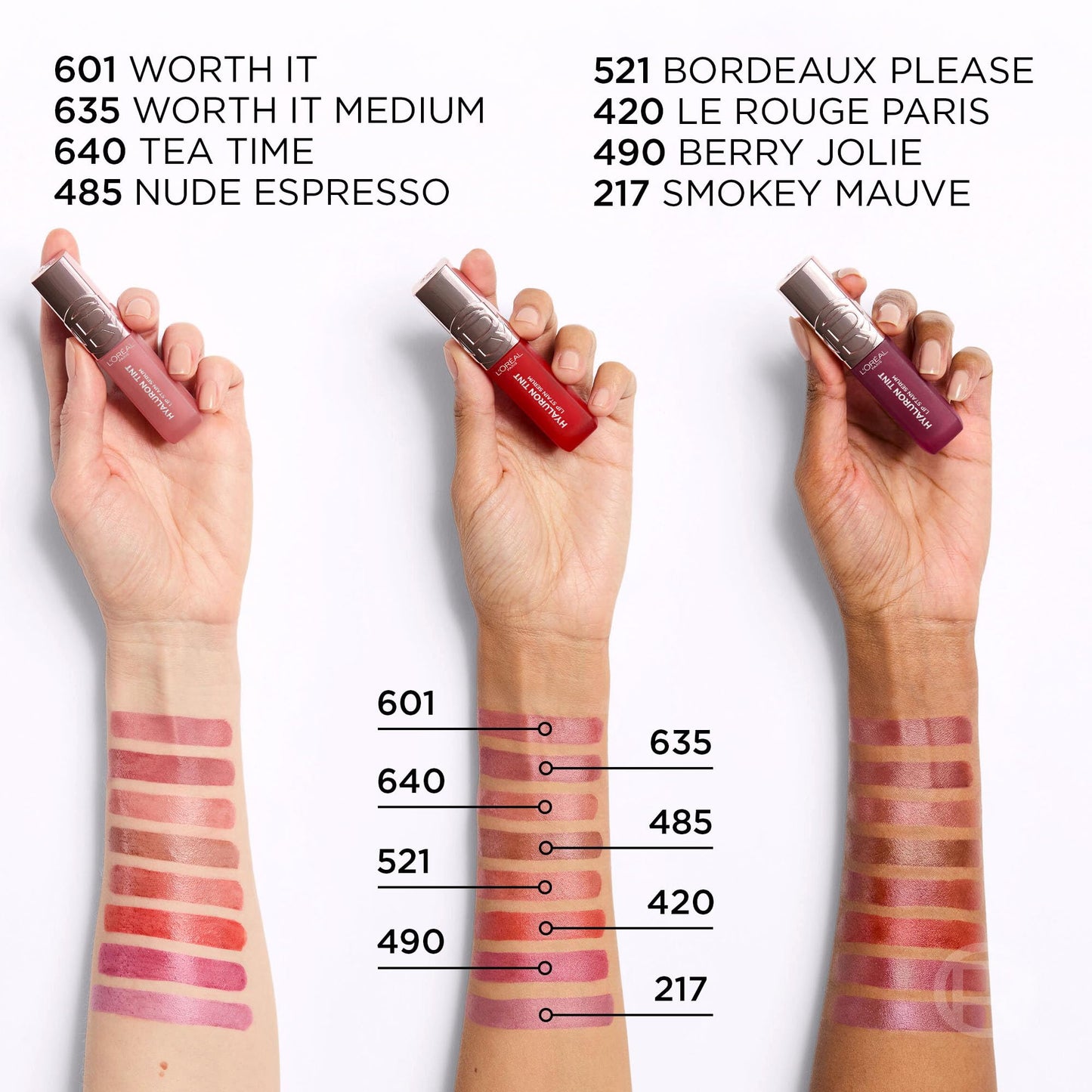 L'Oréal Paris Hyaluron Tint Lip Stain Serum, Hydrating Liptstick, Glossy Finish to Blurred Lip Tint, Multi-Use Lip & Cheek, Up to 12H weightless color, SHADE: 217 SMOKEY MAUVE